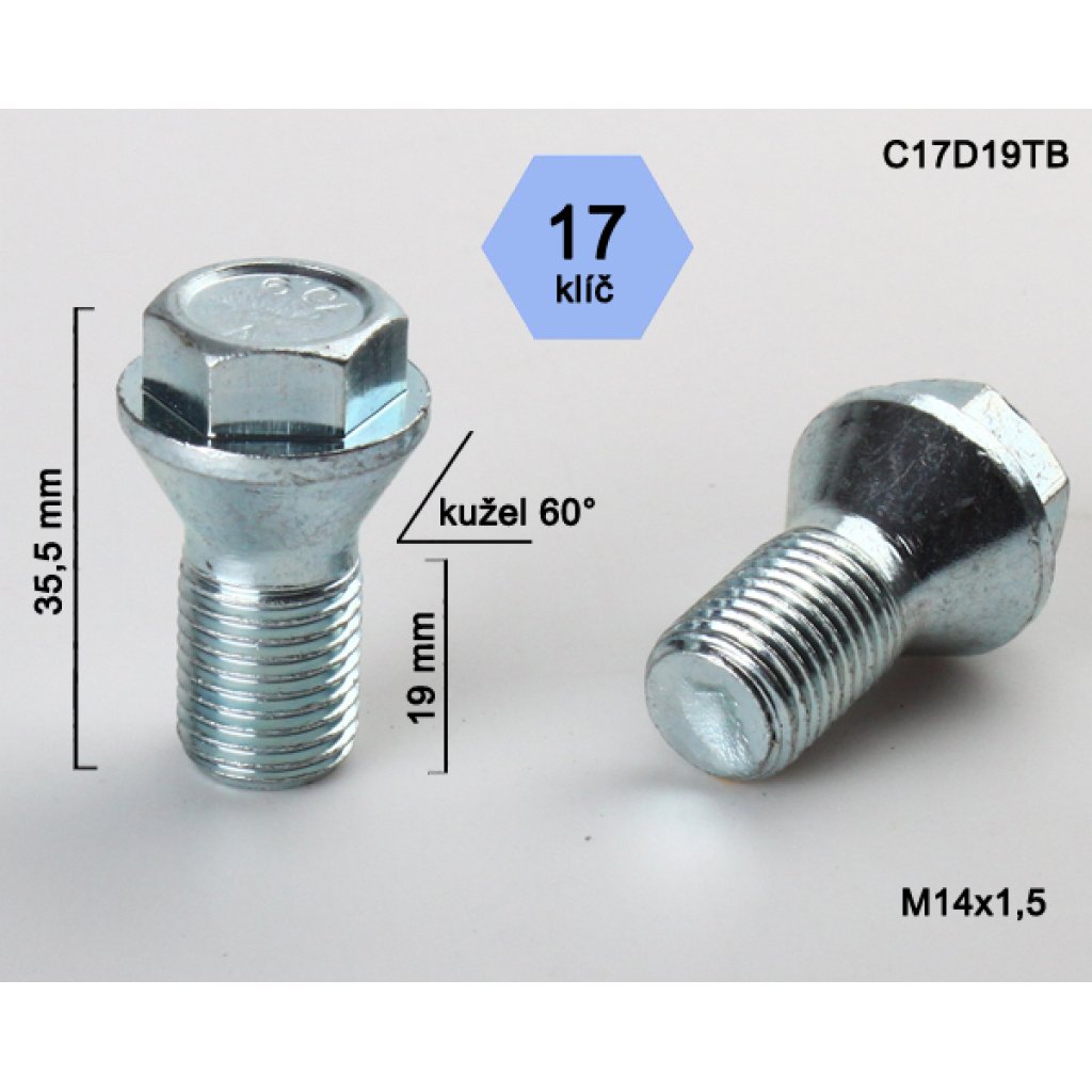 Kolový šroub M14x1,5x19 kužel s krátkou hlavou, klíč 17 (C17D19TB) výška 35,5mm