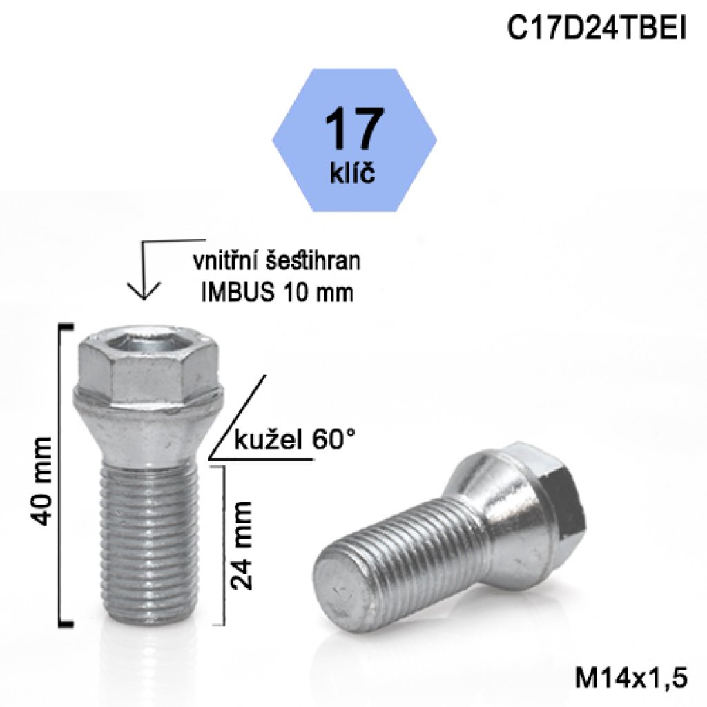 Kolový šroub M14x1,5x24 kužel s krátkou hlavou, klíč 17 (C17D24TBEI) výška 40mm