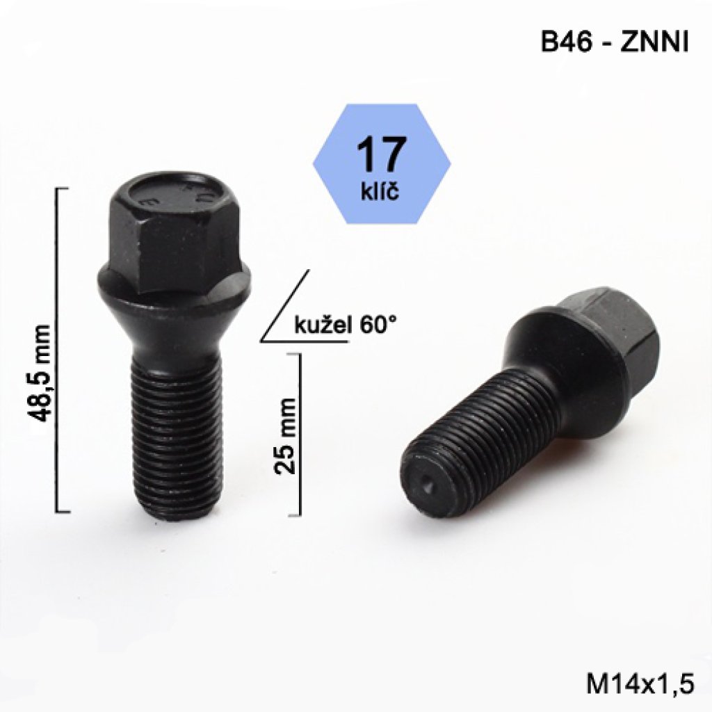 Kolový šroub M14x1,5x25 kužel, klíč 17 (C17D25/B46-BLACK) černý, výška 48,5mm