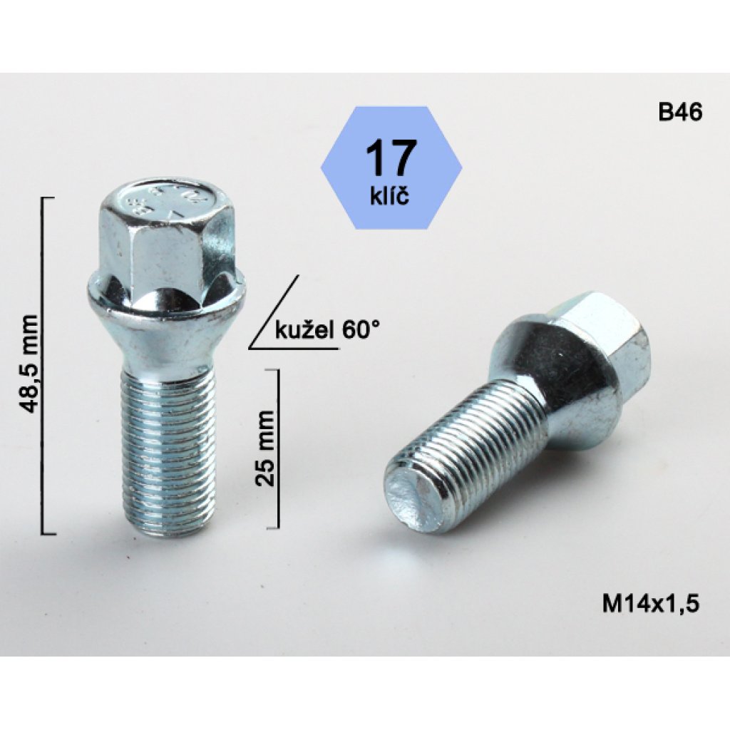 Kolový šroub M14x1,5x25 kužel, klíč 17 (C17D25/B46) výška 48,5mm