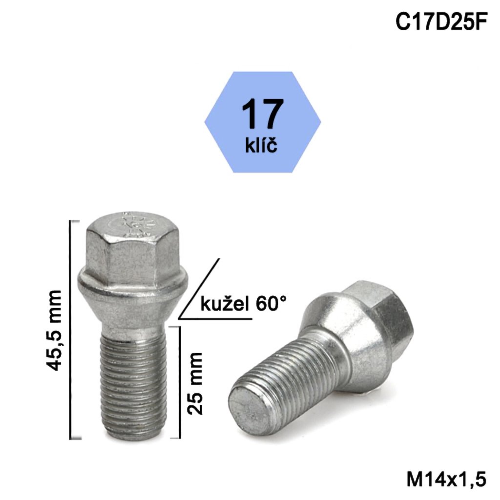Kolový šroub M14x1,5x25 kužel, klíč 17 (C17D25F) výška 45,5mm