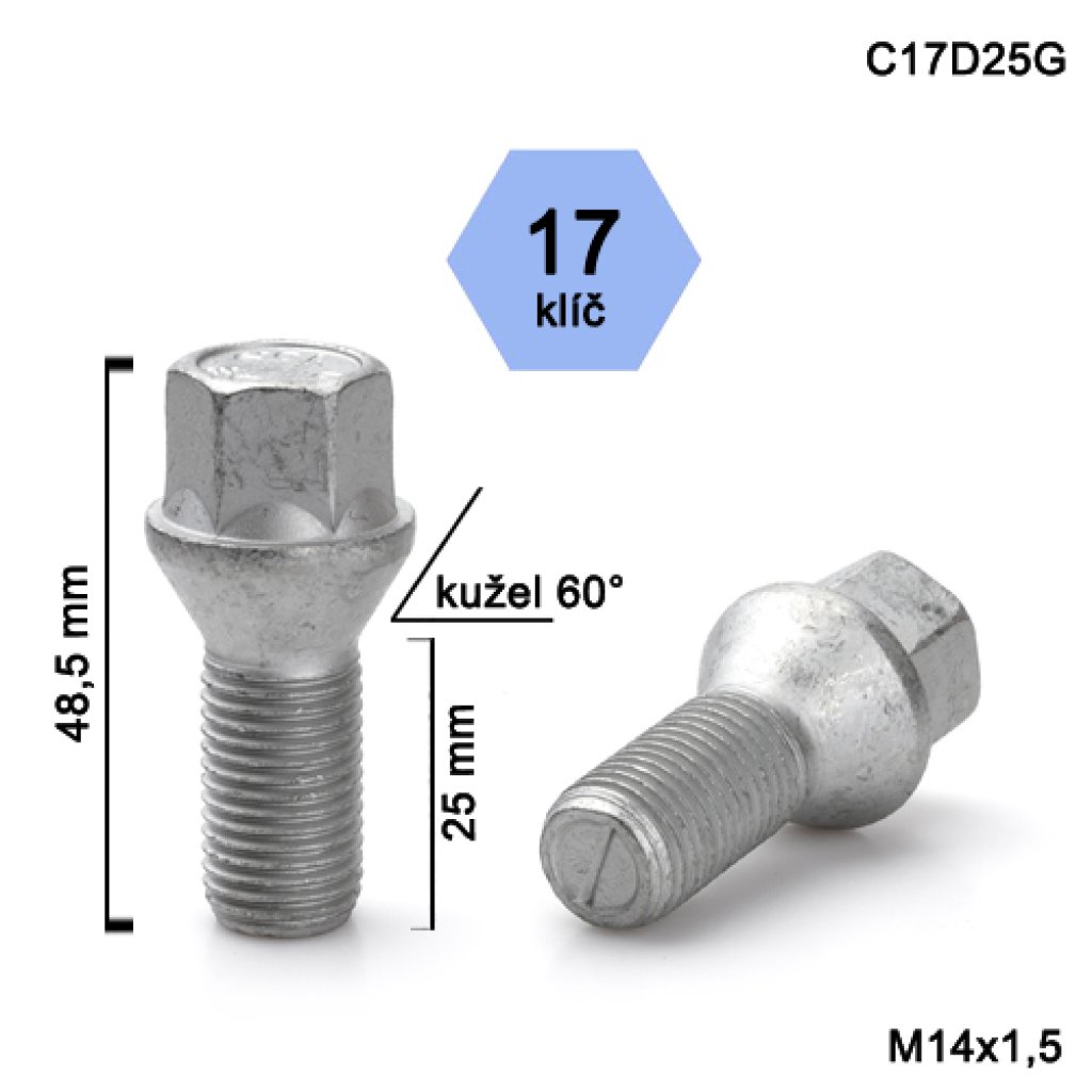 Kolový šroub M14x1,5x25 kužel, klíč 17 (C17D25G)(B46-KL100) výška 48,5 mm