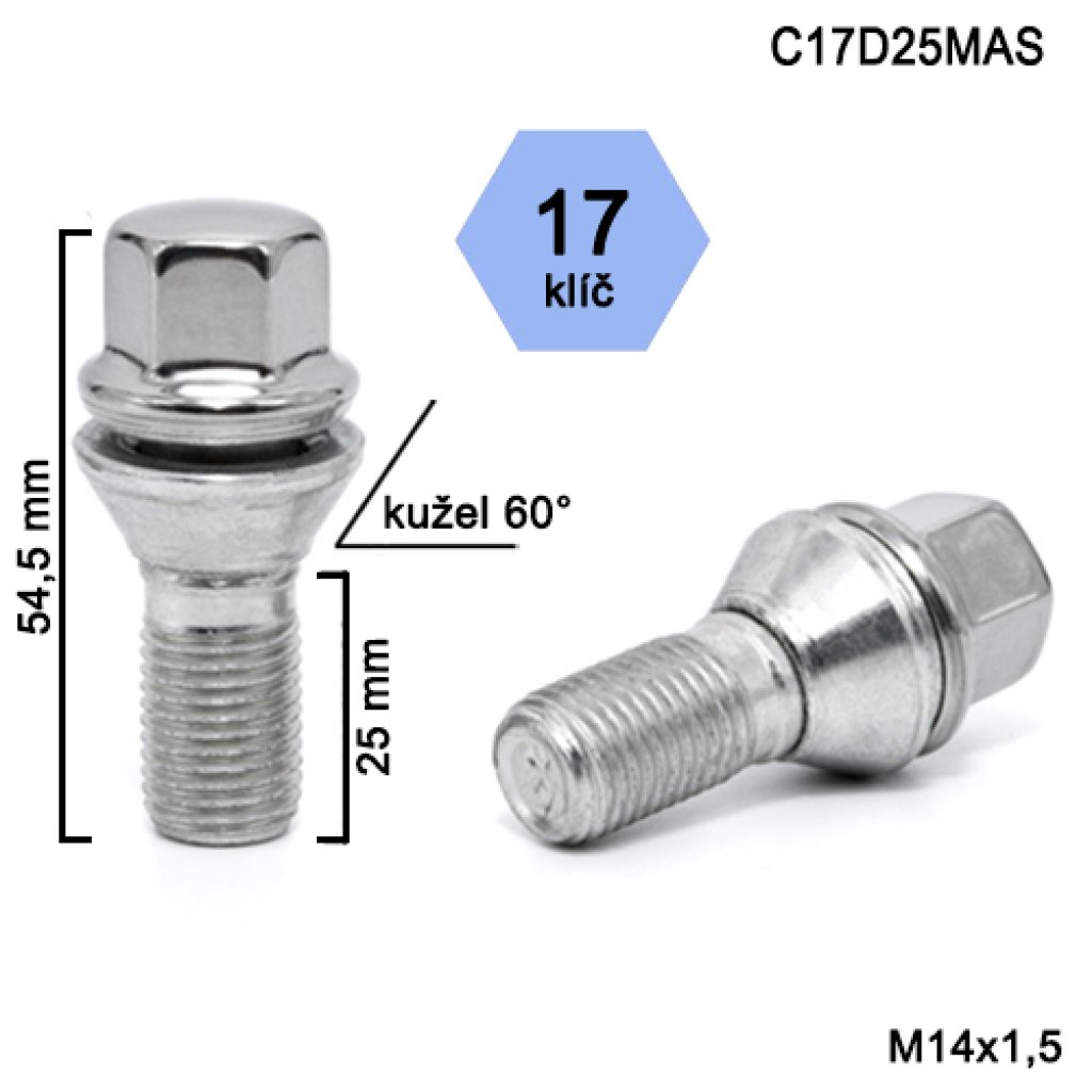 Kolový šroub M14x1,5x25 kužel, klíč 17 (C17D25MAS) nerez krytka, výška 54,5mm