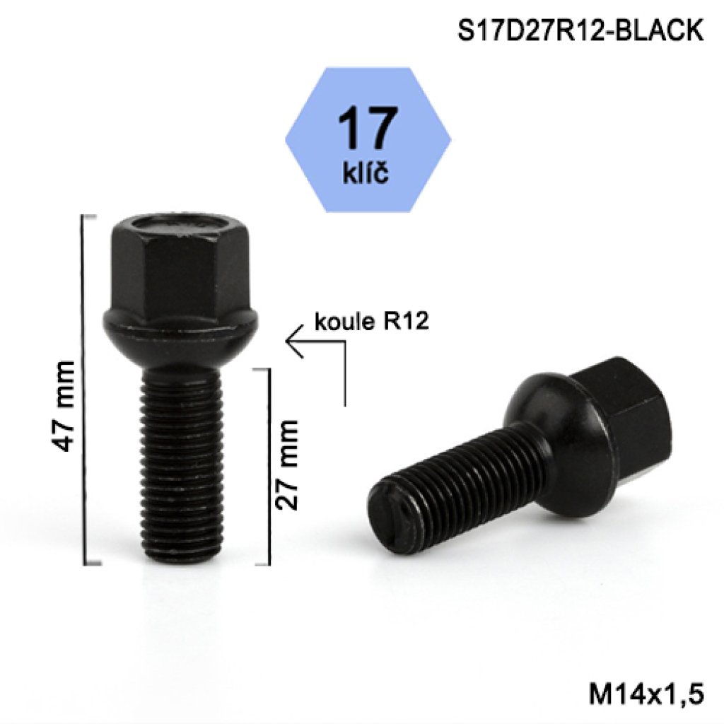 Kolový šroub M14x1,5x27 kulová R12, klíč 17 (S17D27R12-BLACK) černý, výška 47mm