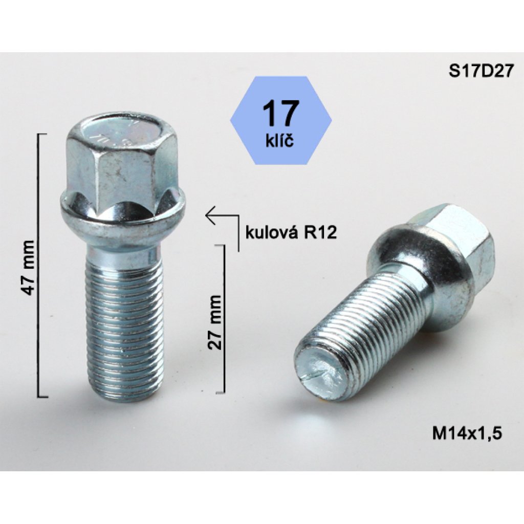 Kolový šroub M14x1,5x27 kulová R12, klíč 17 (S17D27R12) výška 47mm