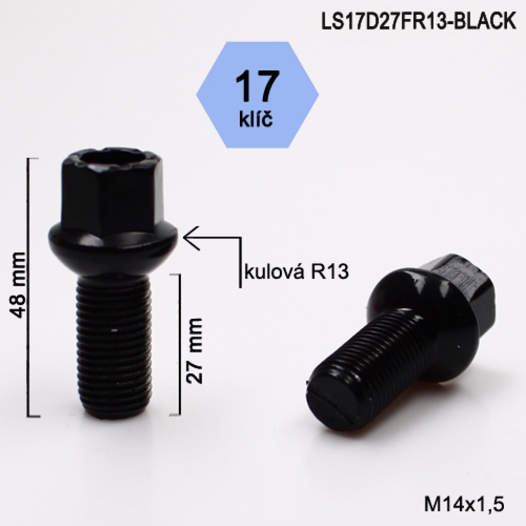 Kolový šroub M14x1,5x27 kulová R13, klíč 17 (LS17D27FR13-BLACK) černý, výška 48mm