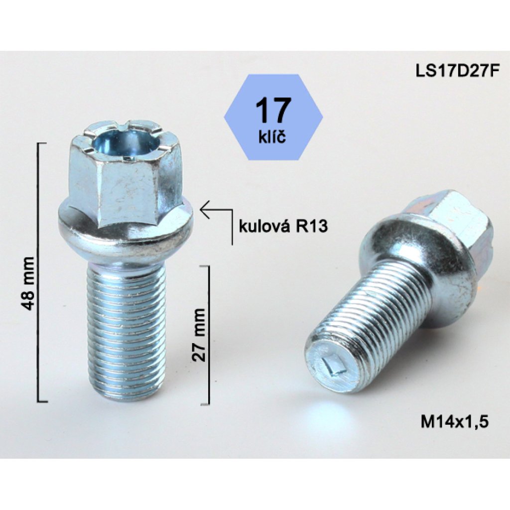 Kolový šroub M14x1,5x27 kulová R13, klíč 17 (LS17D27FR13) výška 48mm