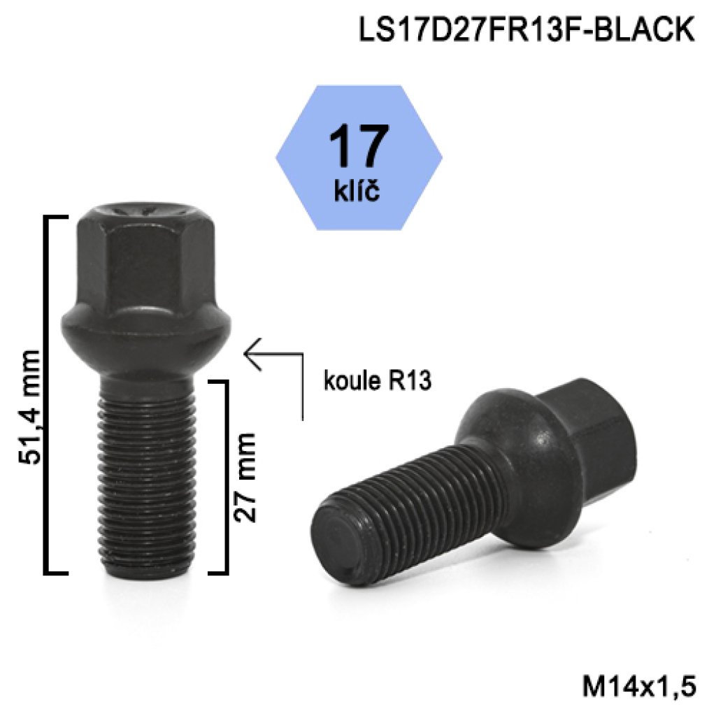 Kolový šroub M14x1,5x27 kulová R13, klíč 17 (LS17D27FR13F-BLACK)(ZAB54/S BLK) výška 51,4mm