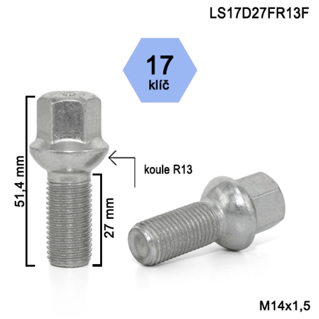 Kolový šroub M14x1,5x27 kulová R13, klíč 17 (LS17D27FR13F)(ZAB54/S) výška 51,4 mm