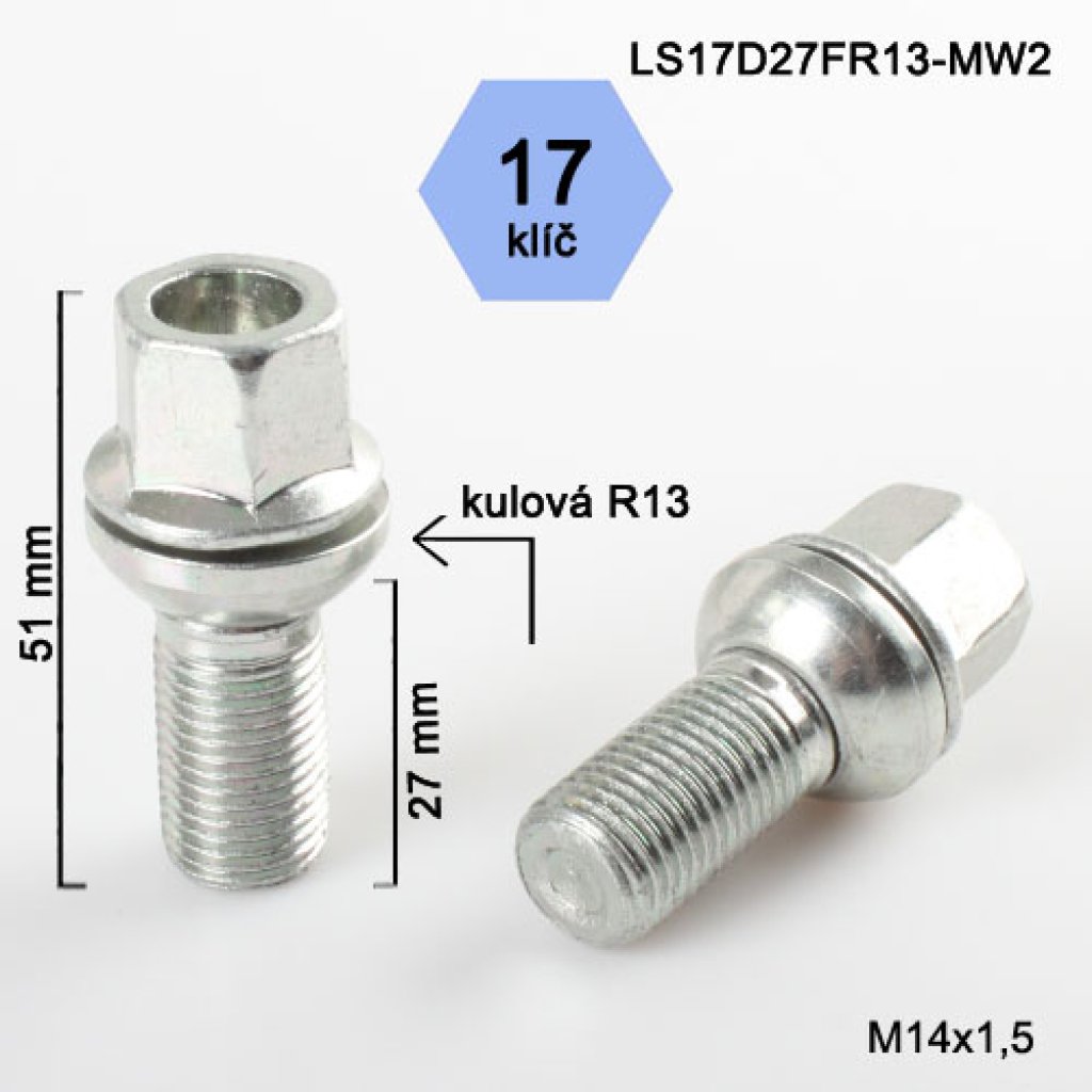 Kolový šroub M14x1,5x27 kulová R13 pohyblivá, klíč 17 (LS17D27FR13-MW2)(WP14C/S)výška 51mm