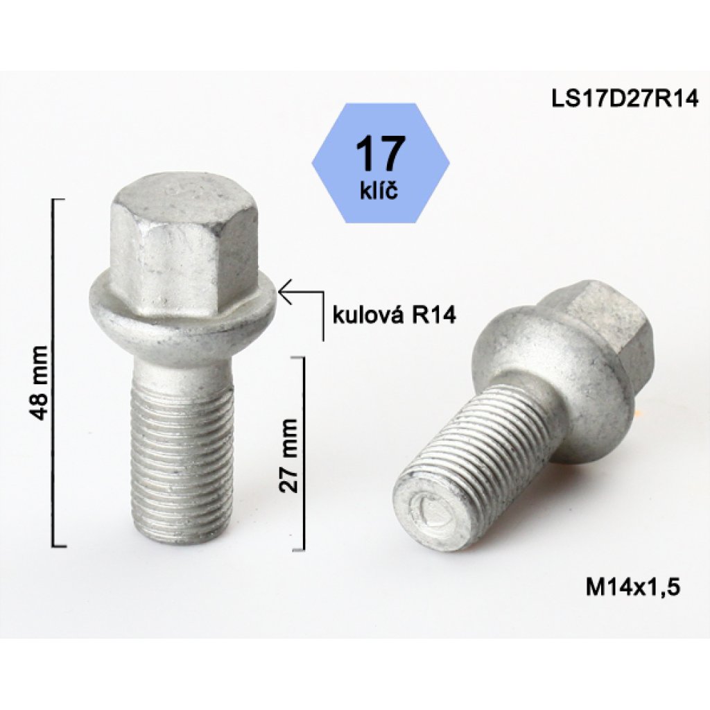 Kolový šroub M14x1,5x27 kulová R14, klíč 17 (LS17D27R14) výška 48mm