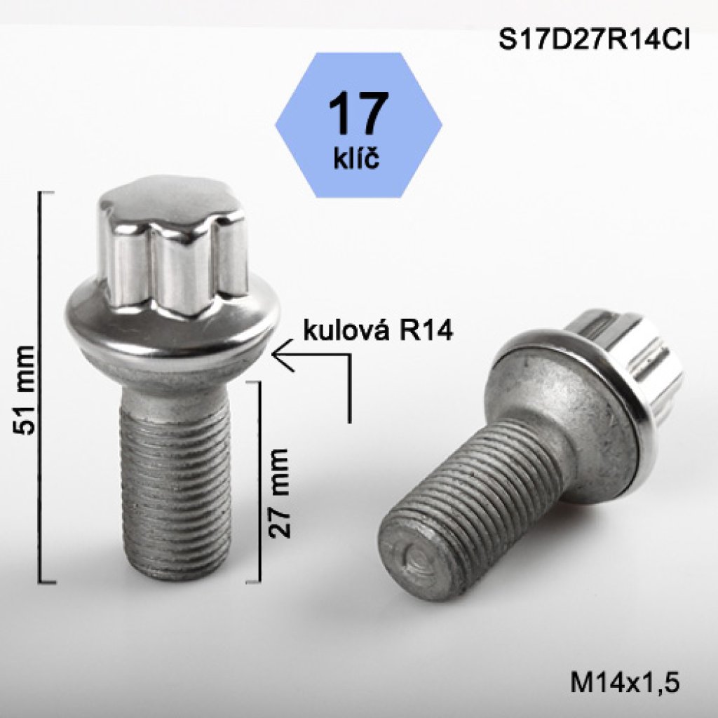 Kolový šroub M14x1,5x27 kulová R14, klíč 17 s nerez.krytkou (LS17D27R14CI) výška 51mm