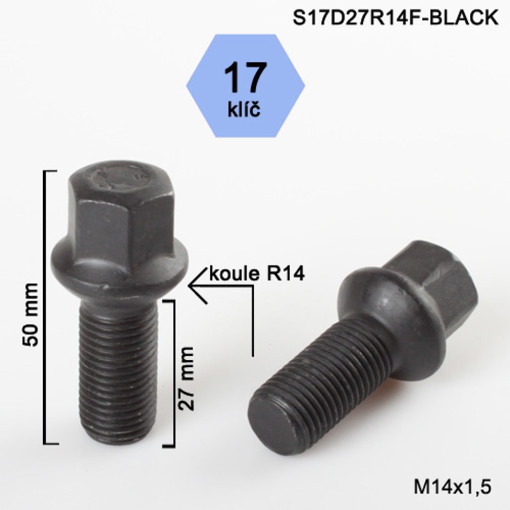 Kolový šroub M14x1,5x27 kulová R14, klíč 17 (S17D27R14F-BLACK)(SZAMC/S BLK) výška 50mm