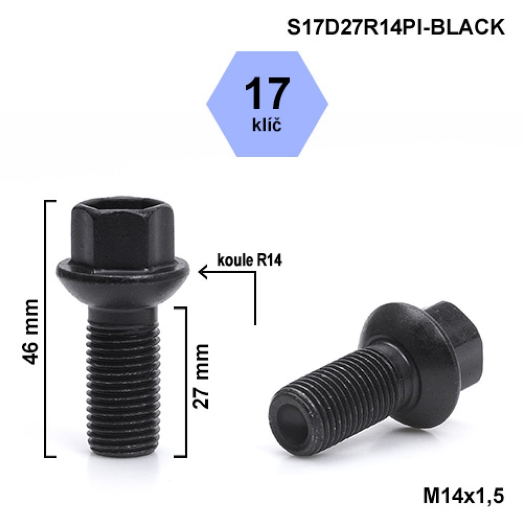 Kolový šroub M14x1,5x27 kulová R14, klíč 17 (S17D27R14PI-BLACK) výška 46mm
