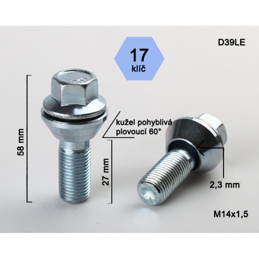 Kolový šroub M14x1,5x27 kužel plovoucí pro změnu rozteče, klíč 17 (D39LE) výška 58mm