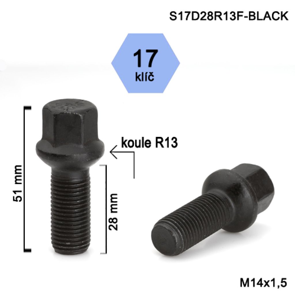 Kolový šroub M14x1,5x28 kulová R13, klíč 17 (S17D28R13F-BLACK) černý, výška 51mm