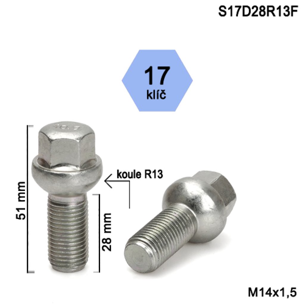 Kolový šroub M14x1,5x28 kulová R13, klíč 17 (S17D28R13F) výška 51mm