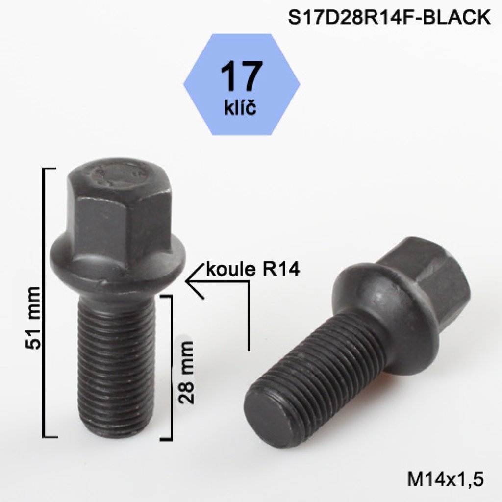 Kolový šroub M14x1,5x28 kulová R14, klíč 17 (S17D28R14F-BLACK) černý, výška 51mm