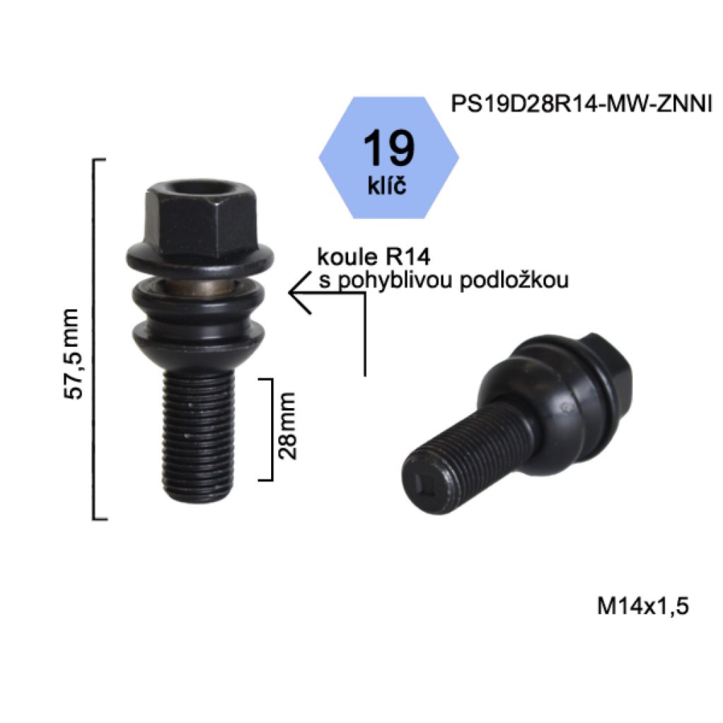 Kolový šroub M14x1,5x28 kulová R14 pohyblivá, klíč 19 (PS19D28R14-MW-BLACK) výška 57,5mm