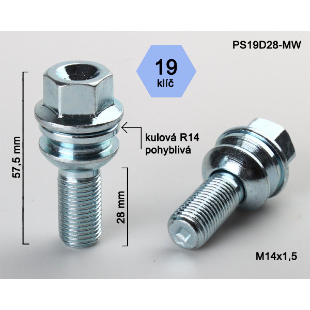 Kolový šroub M14x1,5x28 kulová R14 pohyblivá, klíč 19 (PS19D28R14-MW) výška 57,5mm