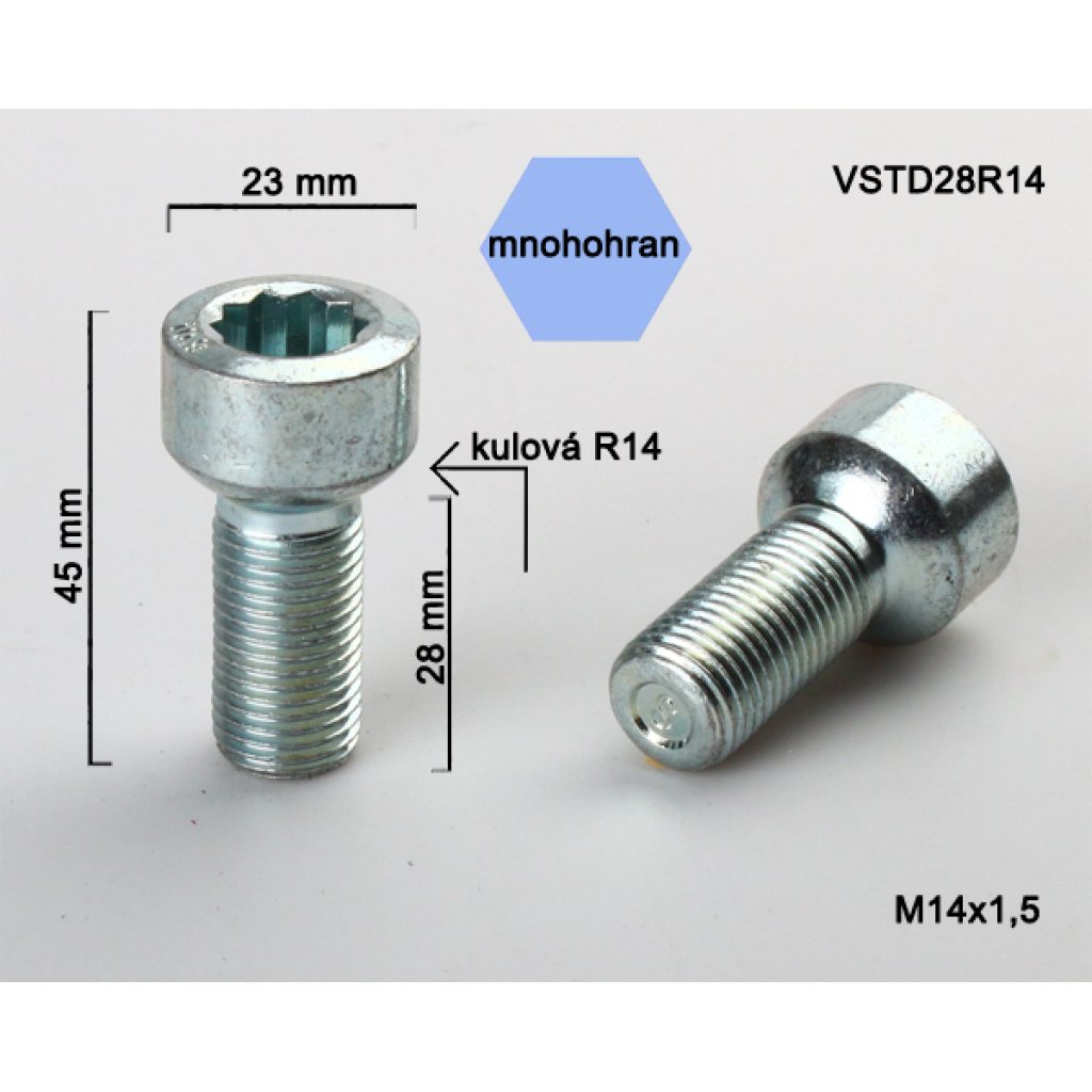 Kolový šroub M14x1,5x28 kulová R14 s vnitřním mnohohranem (VSTD28R14) průměr 23, výška 45