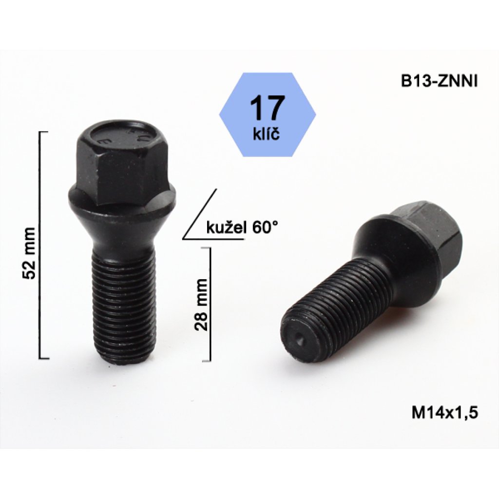 Kolový šroub M14x1,5x28 kužel, klíč 17 (C17D28/B13-BLACK) černý, výška 52mm
