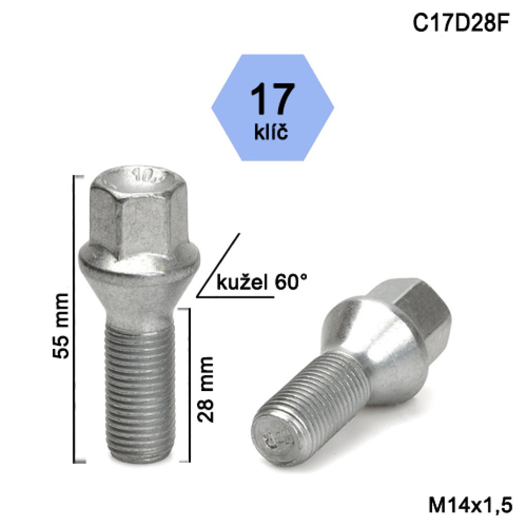 Kolový šroub M14x1,5x28 kužel, klíč 17 (C17D28F)(C2C/S) výška 55mm