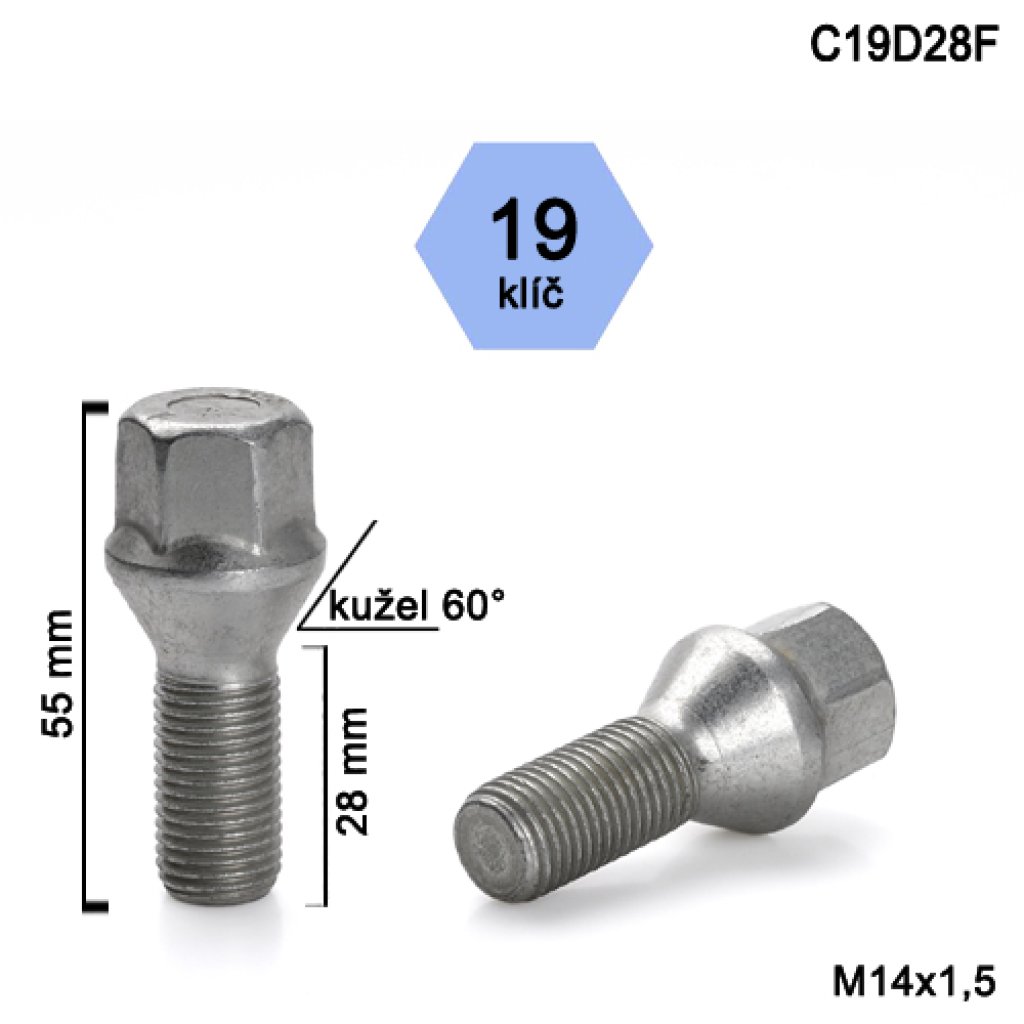 Kolový šroub M14x1,5x28 kužel, klíč 19 (C19D28F) výška 55mm