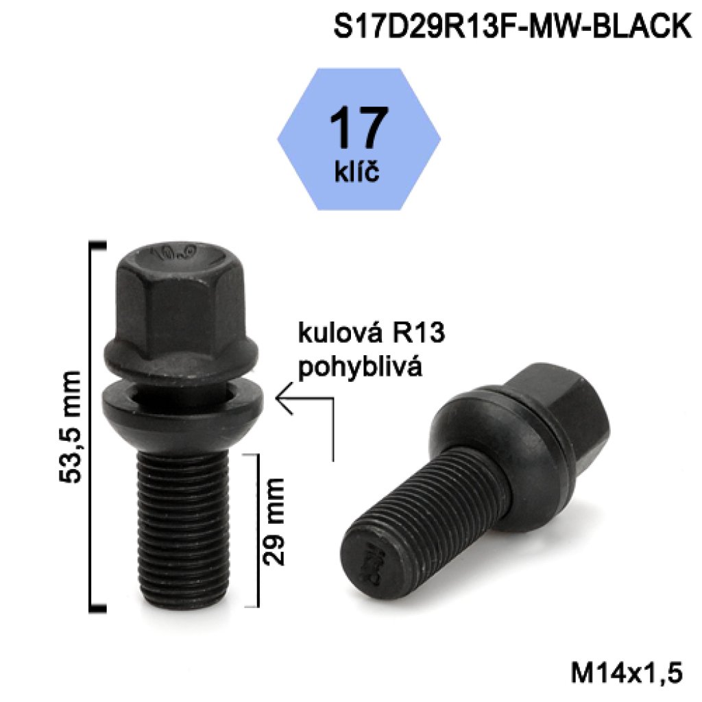 Kolový šroub M14x1,5x29 kulová R13 pohyblivá, klíč 17 (S17D29R13F-MW-BLACK) výška 53,5mm