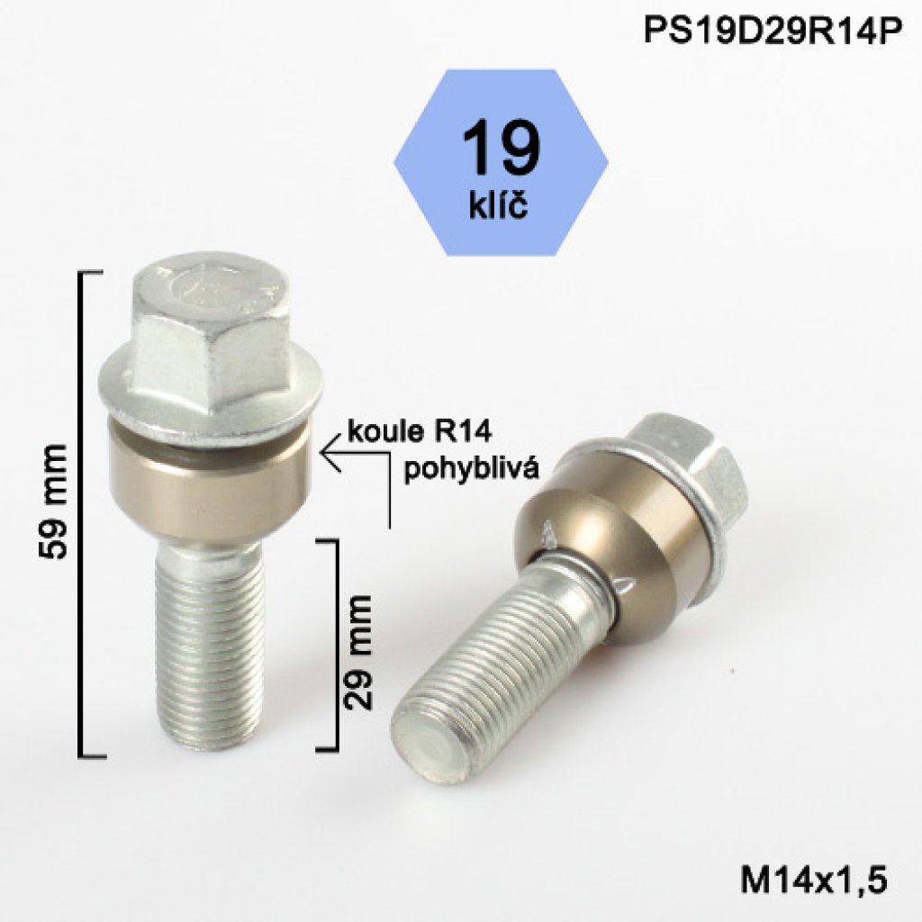 Kolový šroub M14x1,5x29 kulová R14 pohyblivá, klíč 19 (PS19D29R14P) výška 59mm