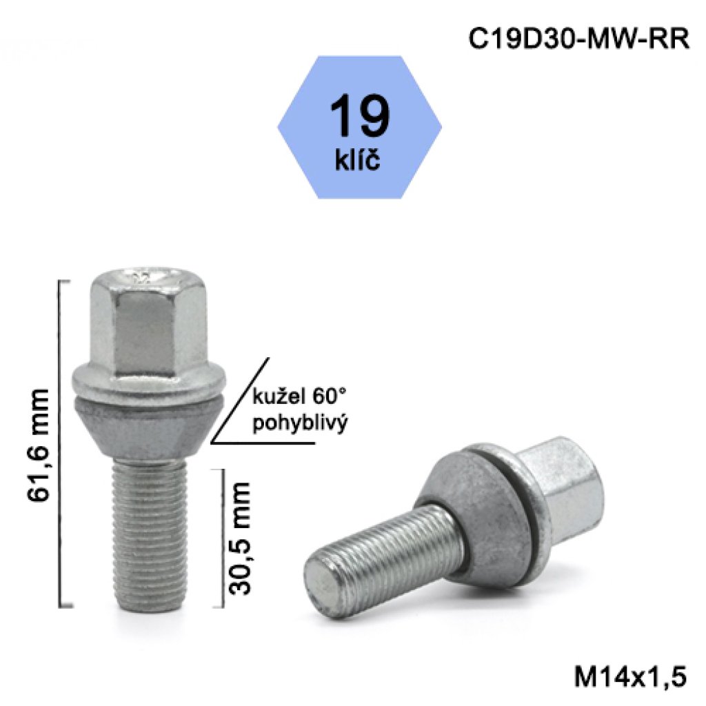 Kolový šroub M14x1,5x30,5 kužel, klíč 19 (C19D30-MW-RR) výška 61,6mm