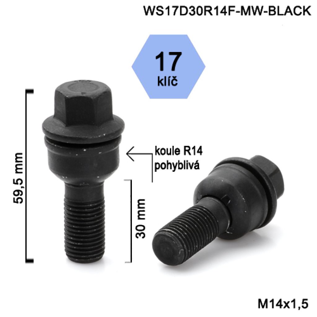 Kolový šroub M14x1,5x30 kulová R14 pohyblivá, klíč 17 (WS17D30R14F-MW-BLACK) výška 59,5mm