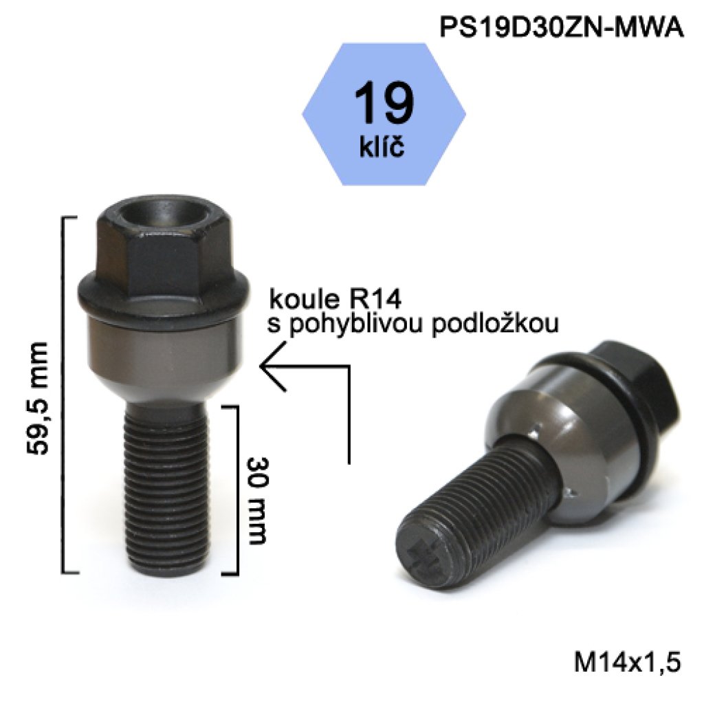 Kolový šroub M14x1,5x30 kulová R14 pohyblivá,klíč 19(PS19D30-MWA-BLACK) černý,výška 59,5mm