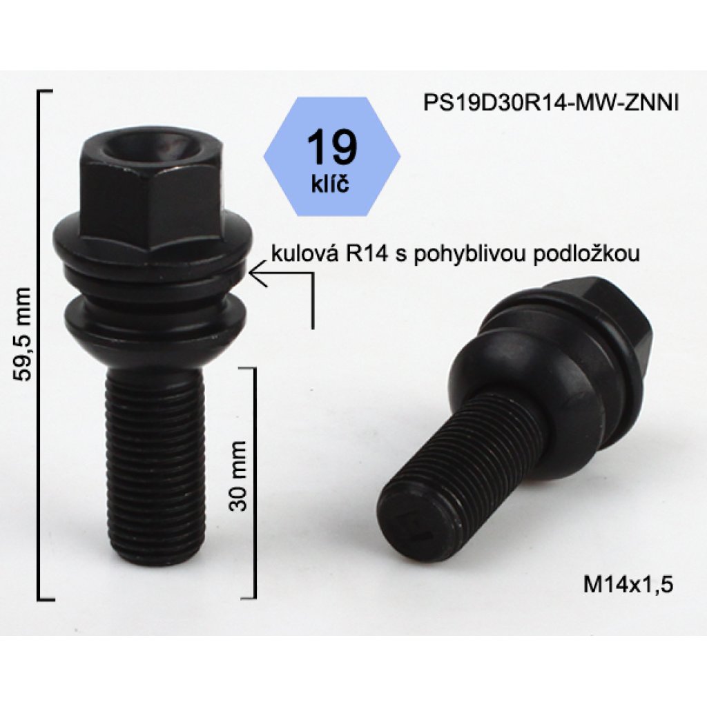 Kolový šroub M14x1,5x30 kulová R14 pohyblivá,klíč 19 (PS19D30R14-MW-BLACK) černý,výška59,5