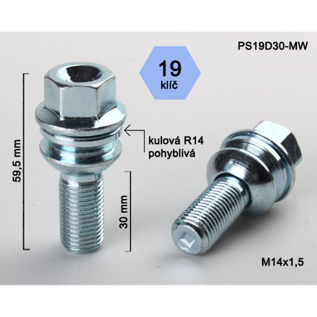 Kolový šroub M14x1,5x30 kulová R14 pohyblivá, klíč 19 (PS19D30R14-MW) výška 59,5mm