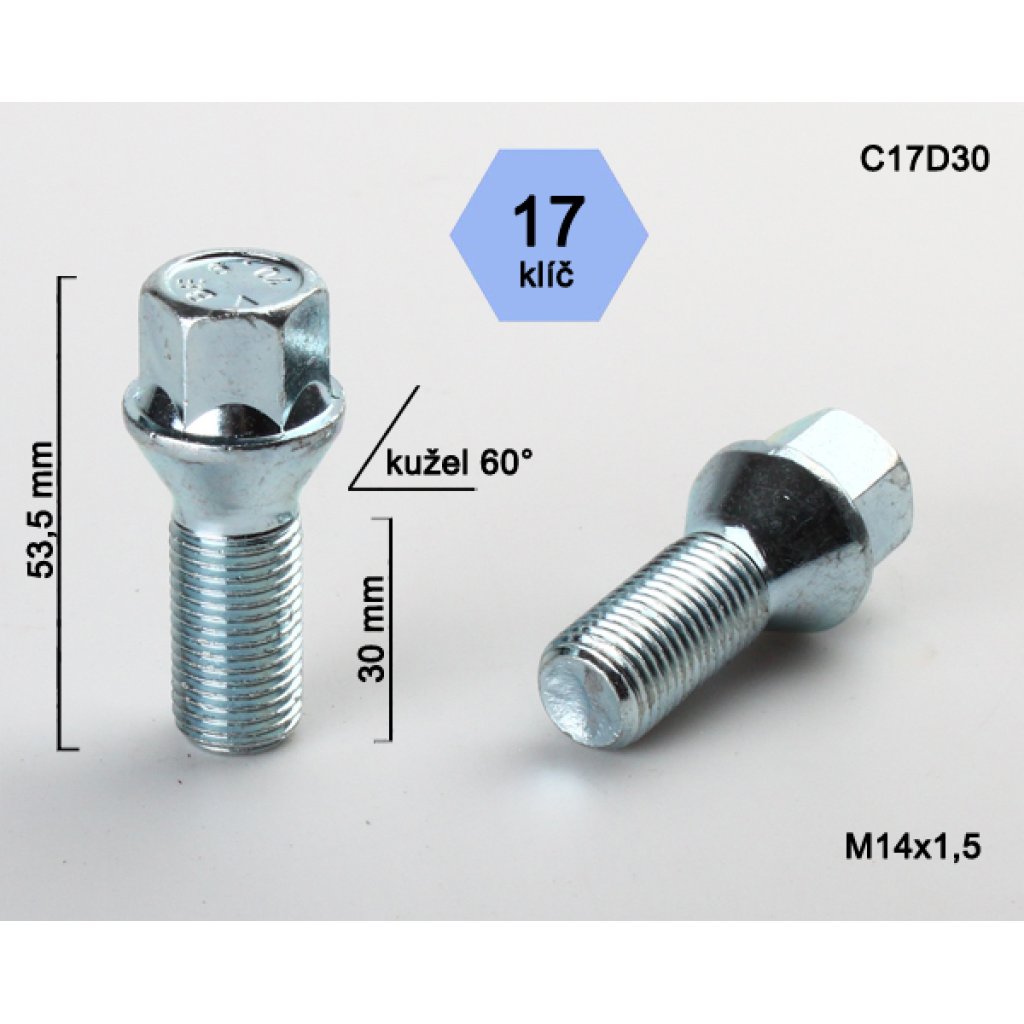 Kolový šroub M14x1,5x30 kužel, klíč 17 (C17D30) výška 53,5mm