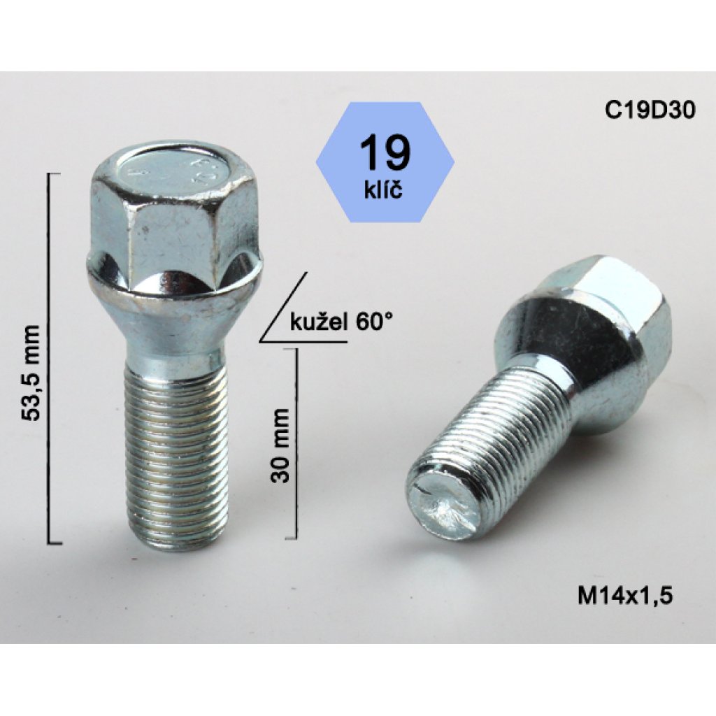 Kolový šroub M14x1,5x30 kužel, klíč 19 (C19D30) výška 53,5mm