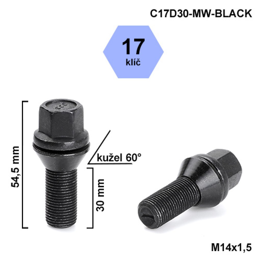 Kolový šroub M14x1,5x30 kužel pohyblivý černý, klíč 17 (C17D30-MW-BLACK) výška 54,5mm