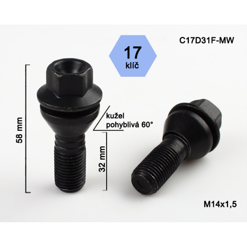 Kolový šroub M14x1,5x31 kužel pohyblivý, klíč 17 (C17D31-MW-BLACK) černý, výška 58 mm