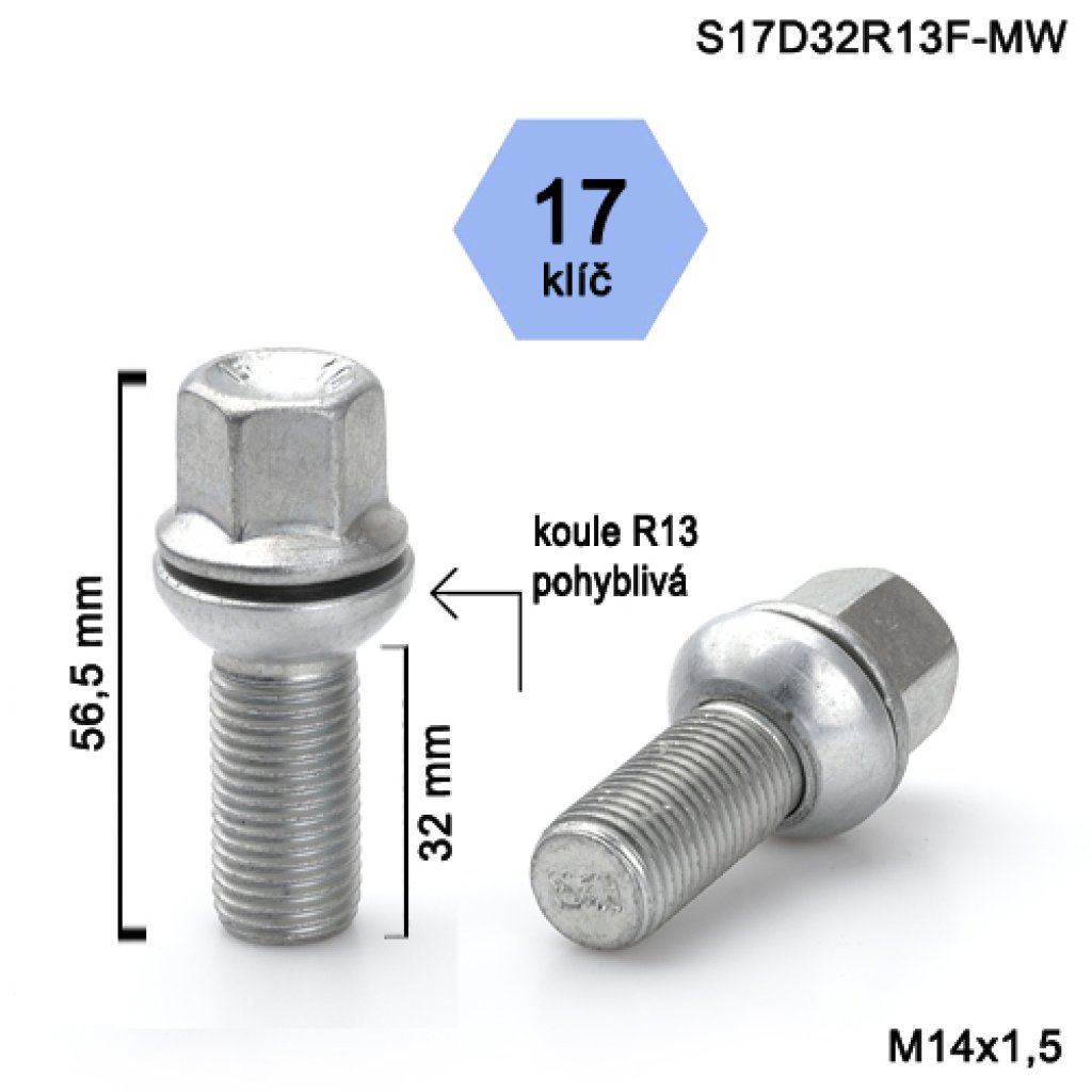 Kolový šroub M14x1,5x32 kulová R13 pohyblivá, klíč 17 (S17D32R13F-MW)(WP21/S) výška 56,5mm