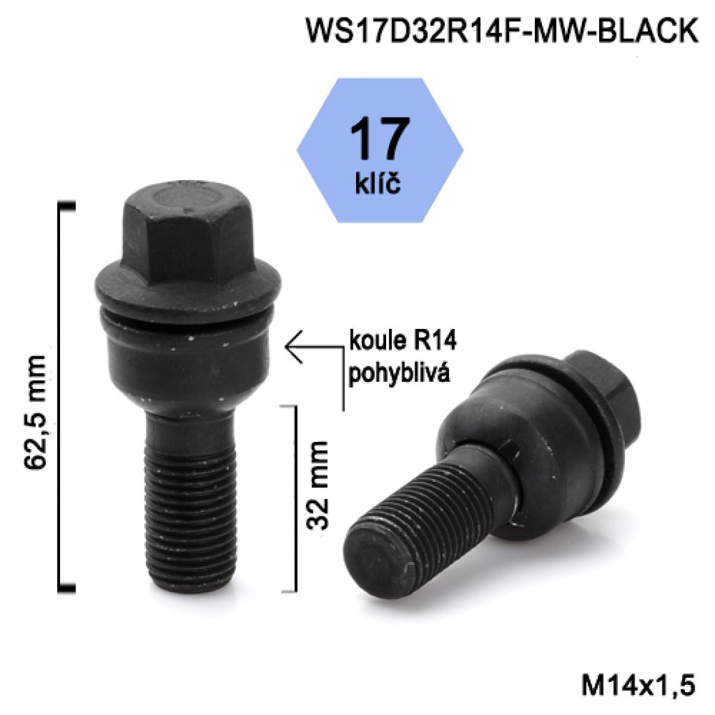 Kolový šroub M14x1,5x32 kulová R14 pohyblivá, klíč 17 (WS17D32R14F-MW-BLACK) výška 62,5mm