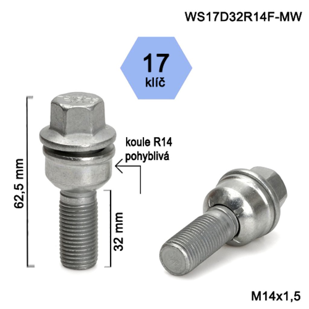 Kolový šroub M14x1,5x32 kulová R14 pohyblivá, klíč 17 (WS17D32R14F-MW) výška 62,5mm