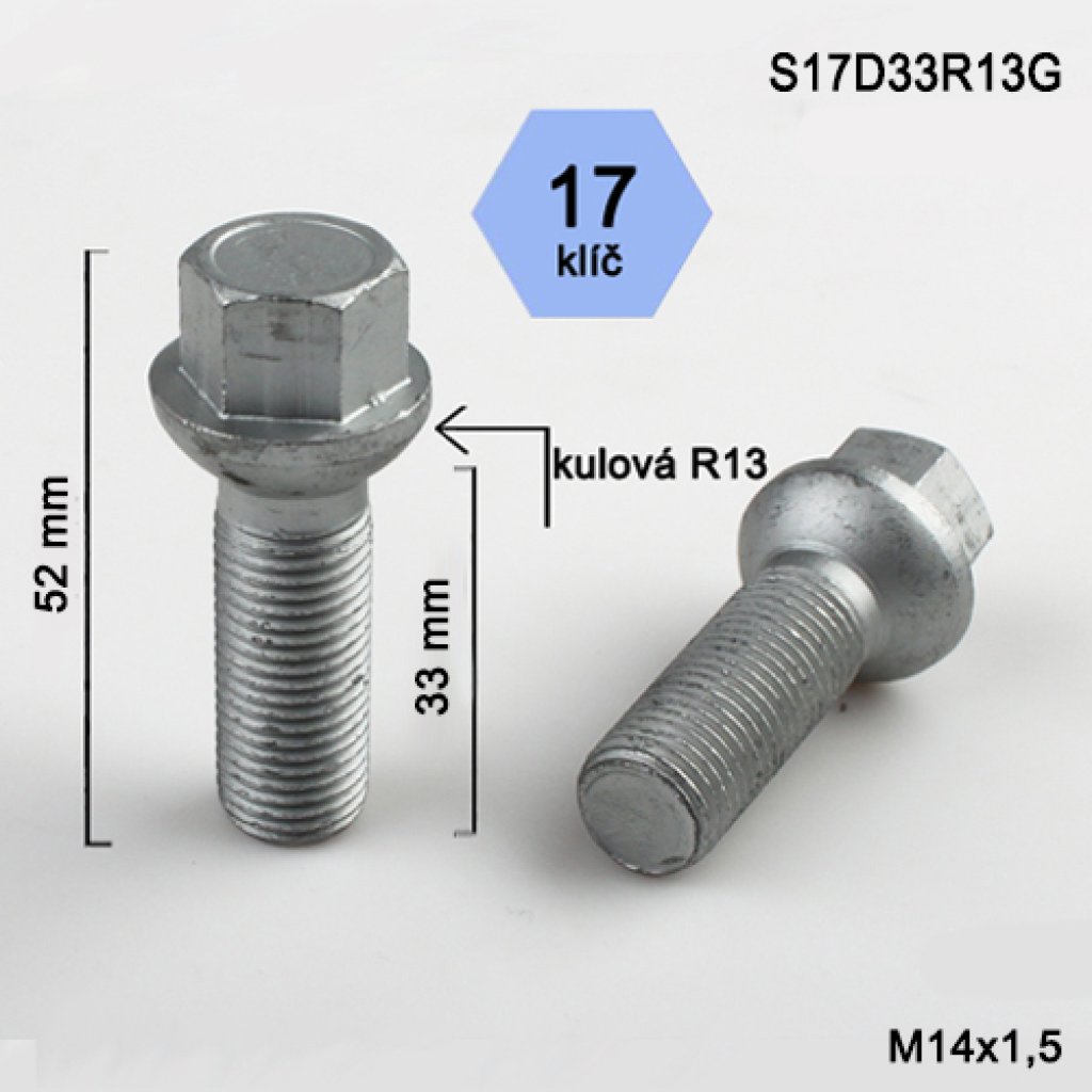 Kolový šroub M14x1,5x33 kulová R13, klíč 17 (S17D33R13G) výška 52mm