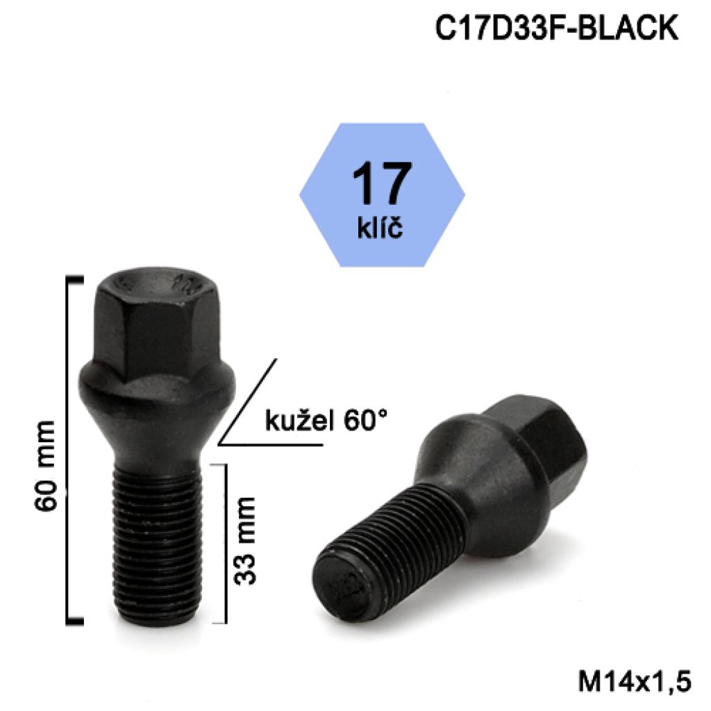 Kolový šroub M14x1,5x33 kužel, klíč 17 (C17D33F-BLACK)(C2L/S) černý, výška 60mm
