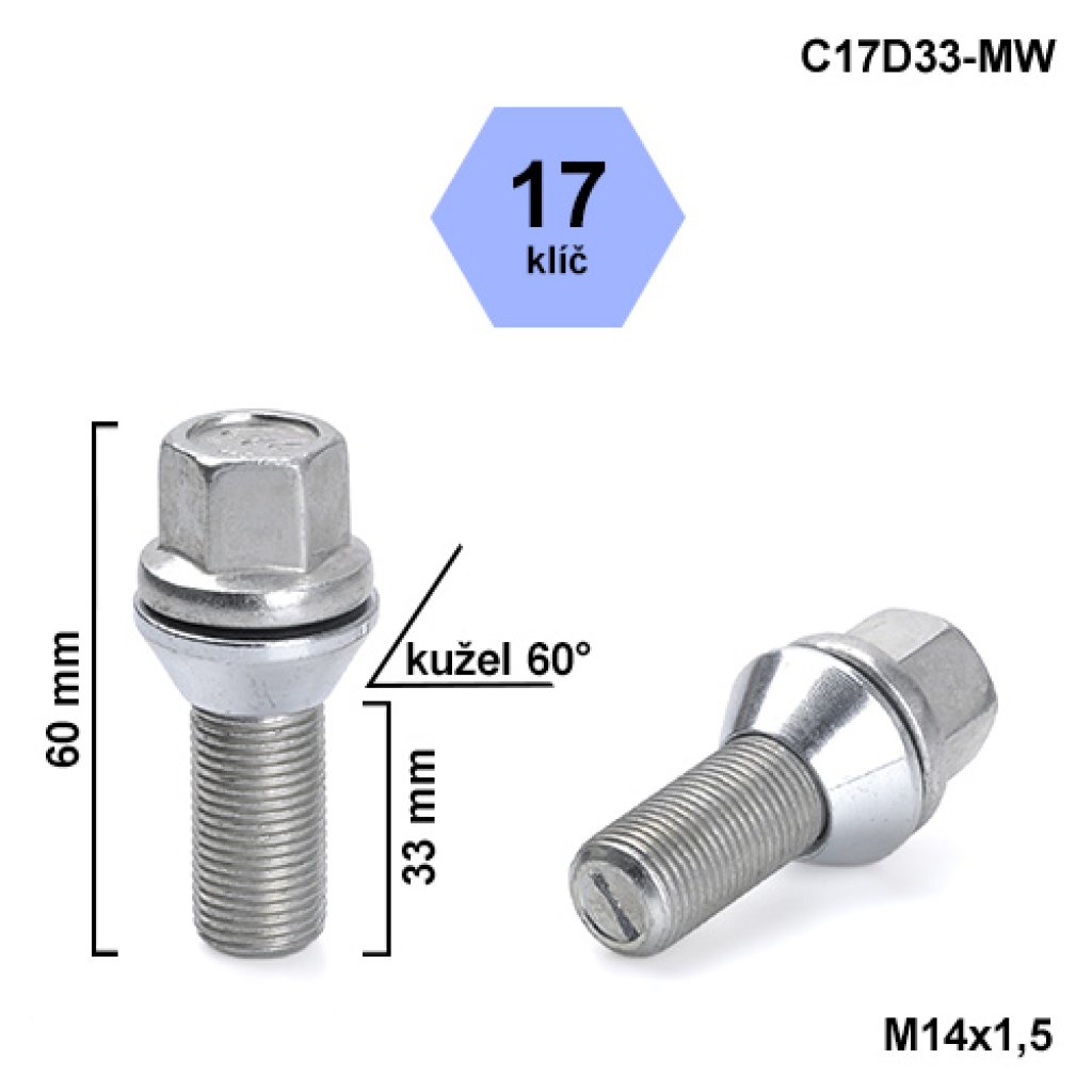 Kolový šroub M14x1,5x33 kužel pohyblivý, klíč 17 (C17D33-MW) výška 60mm