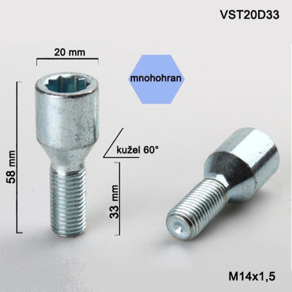 Kolový šroub M14x1,5x33 kužel s vnitřním mnohohranem (VST20D33) hlava 20mm, výška 58