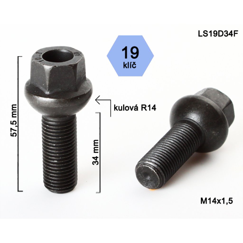 Kolový šroub M14x1,5x34 kulová R14, klíč 19 (LS19D34FR14) černý, výška 57,5mm