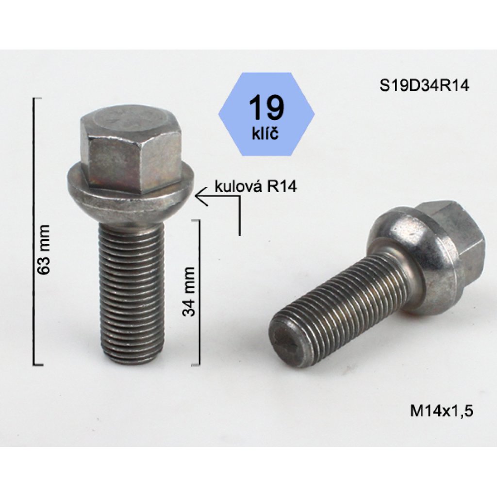 Kolový šroub M14x1,5x34 kulová R14, klíč 19 (S19D34R14) výška 63mm