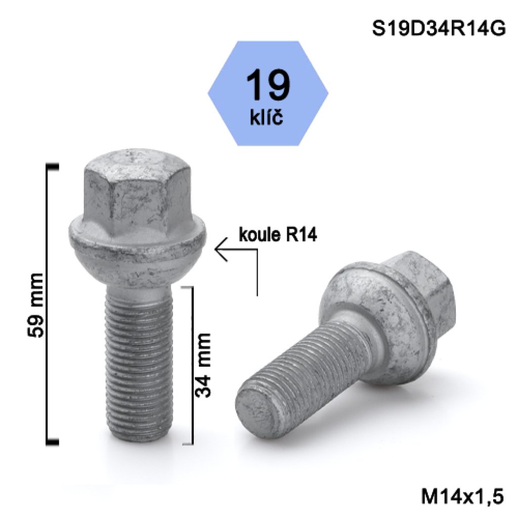 Kolový šroub M14x1,5x34 kulová R14, klíč 19 (S19D34R14G) výška 59mm