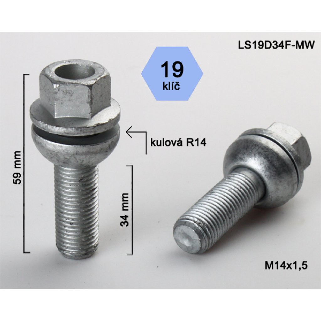 Kolový šroub M14x1,5x34 kulová R14 pohyblivá, klíč 19 (LS19D34FR14-MW) výška 62mm